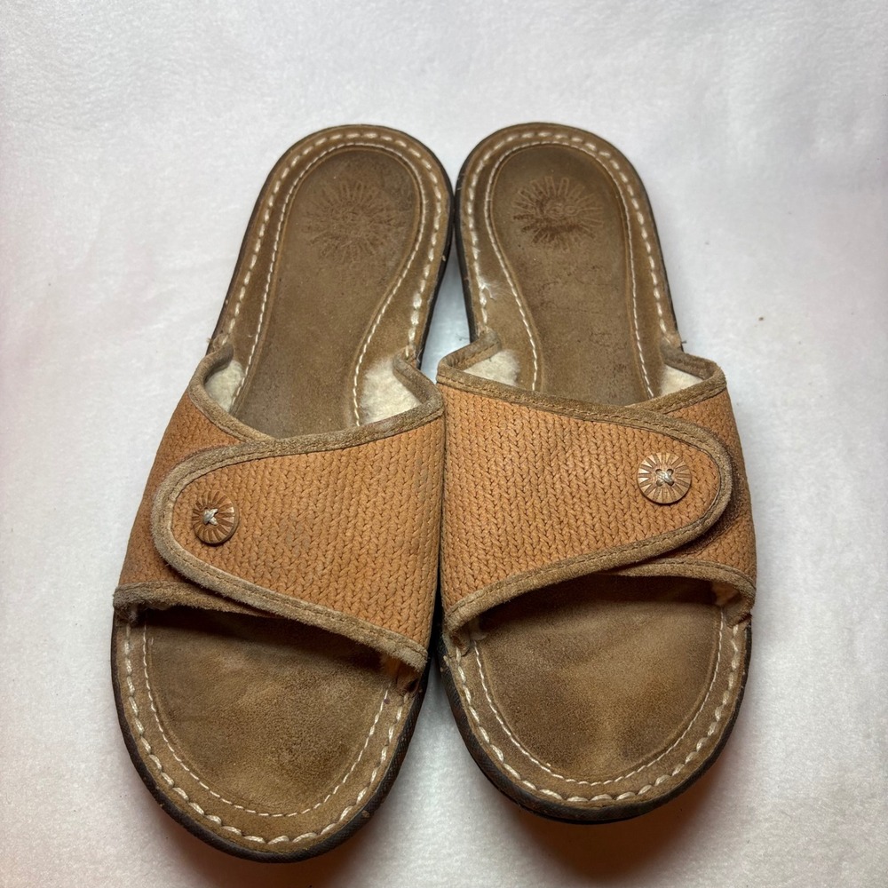 UGG Australia Tan Leather Shearling Lined Slide Sandals Women 7 Button Detail